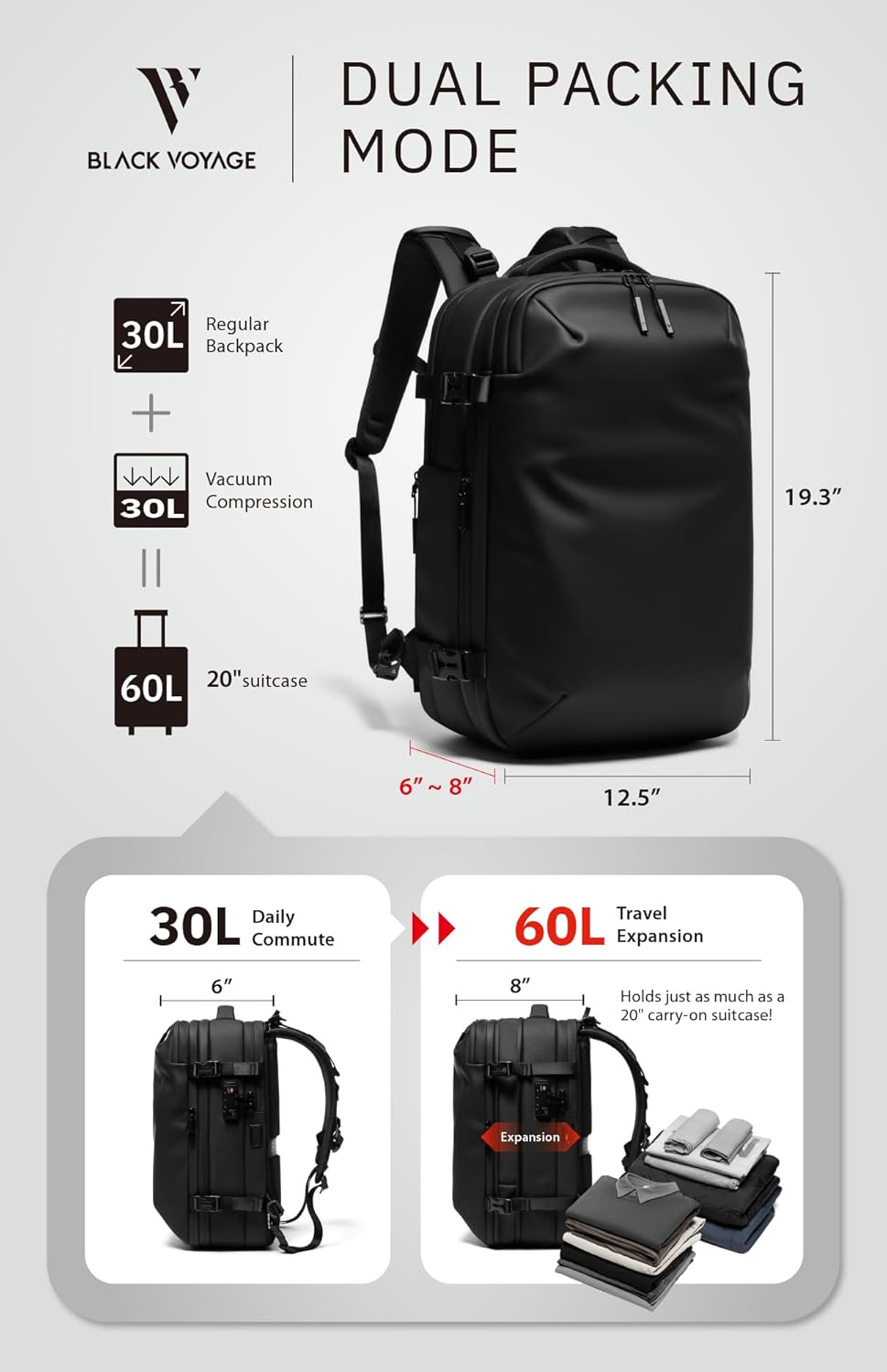 BlackVoyage Vortex Vacuum Seal Travel Backpack 60L Expandable Air Compression System Water Resistant TSA Lock Carry-On Suitcase Luggage Black Zephyr - Vacuum Pump Included
