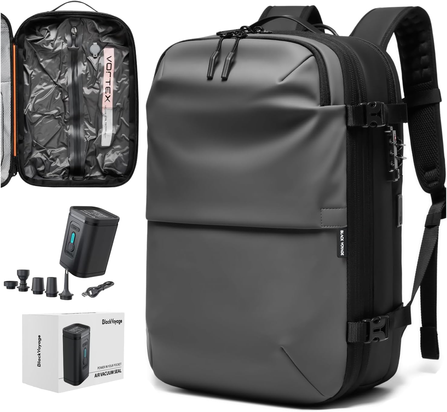 BlackVoyage Vortex Vacuum Seal Travel Backpack 60L Expandable Air Compression System Water Resistant TSA Lock Carry-On Suitcase Luggage Black AERO - Vacuum Pump Included