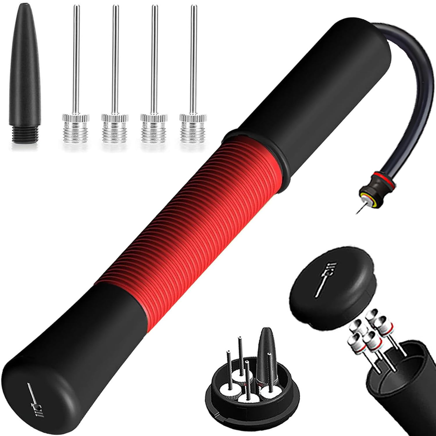 Ball Pump with Needle Storage(Never Lose Pin) Basketball Pump with 5 Needles and Extendable Cable, Soccer Football Pumps, Volleyball Pump Rugby Ball Inflator - Great for All Balls