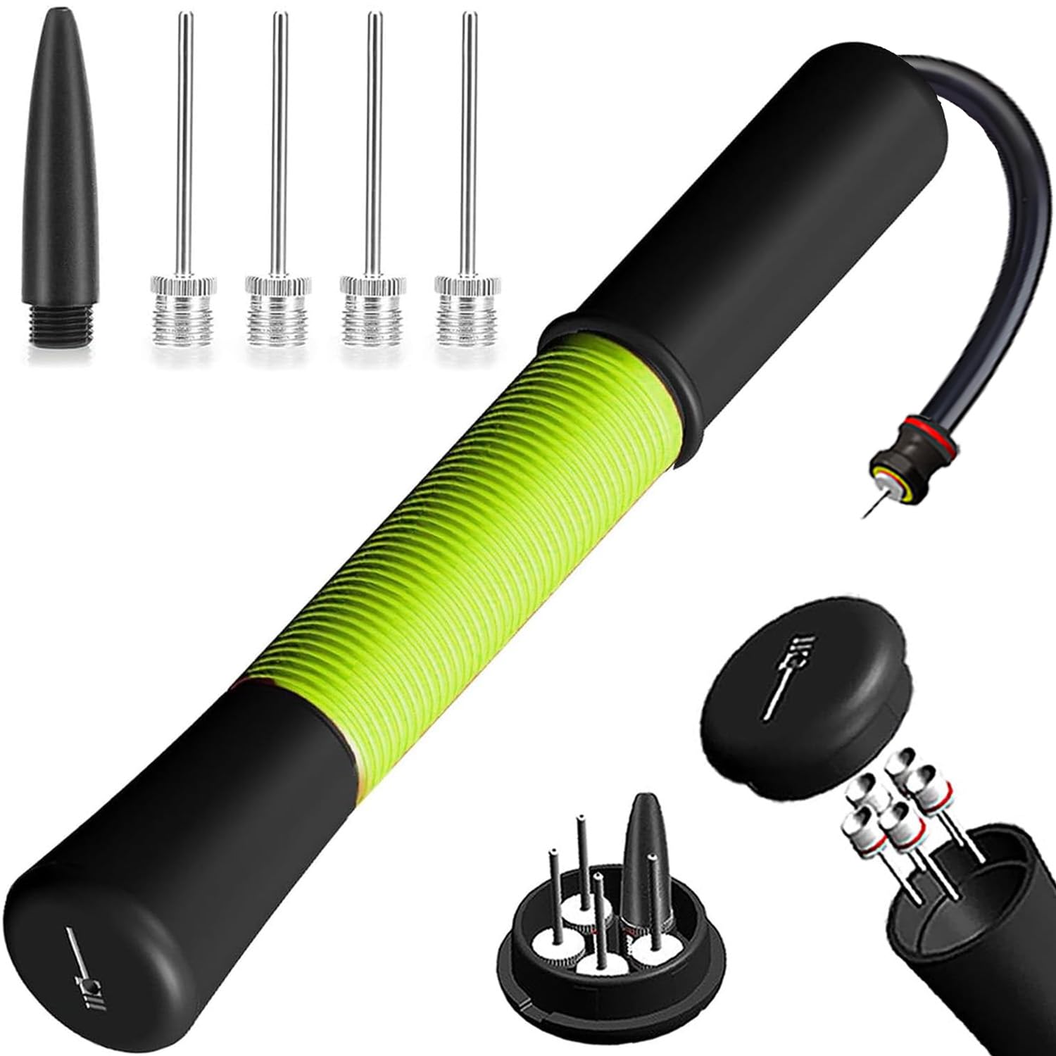 Ball Pump with Needle Storage(Never Lose Pin) Basketball Pump with 5 Needles and Extendable Cable, Soccer Football Pumps, Volleyball Pump Rugby Ball Inflator - Great for All Balls