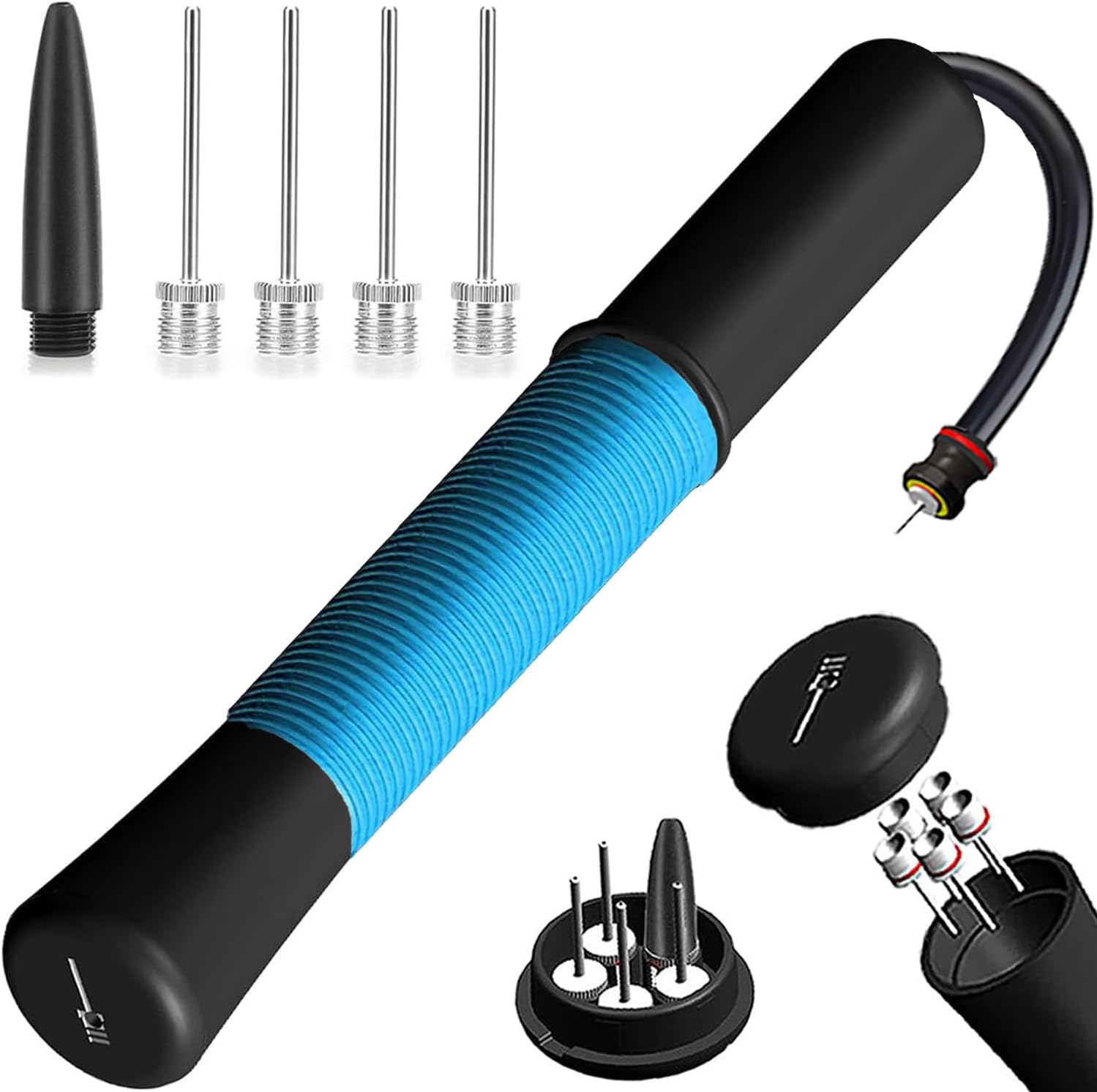 Ball Pump with Needle Storage(Never Lose Pin) Basketball Pump with 5 Needles and Extendable Cable, Soccer Football Pumps, Volleyball Pump Rugby Ball Inflator - Great for All Balls