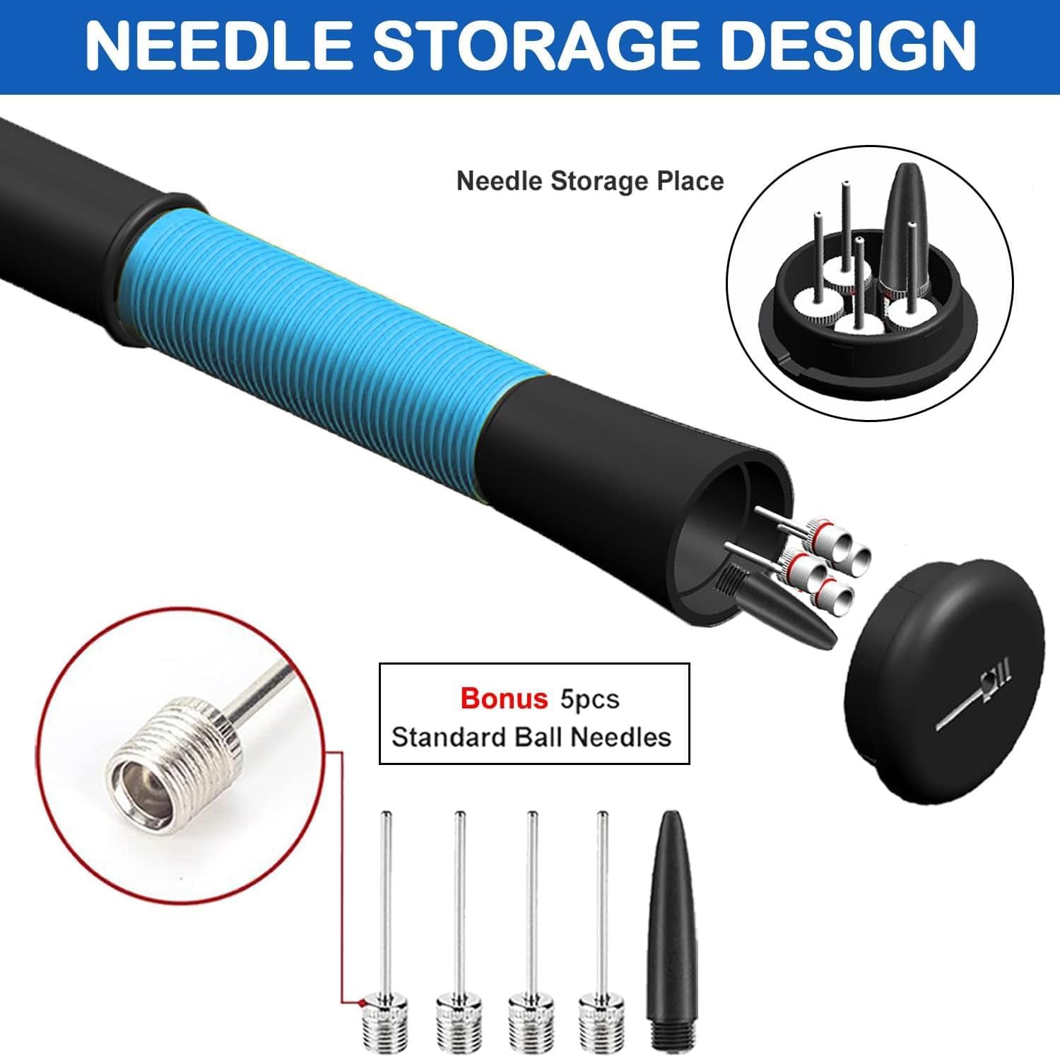 Ball Pump with Needle Storage(Never Lose Pin) Basketball Pump with 5 Needles and Extendable Cable, Soccer Football Pumps, Volleyball Pump Rugby Ball Inflator - Great for All Balls