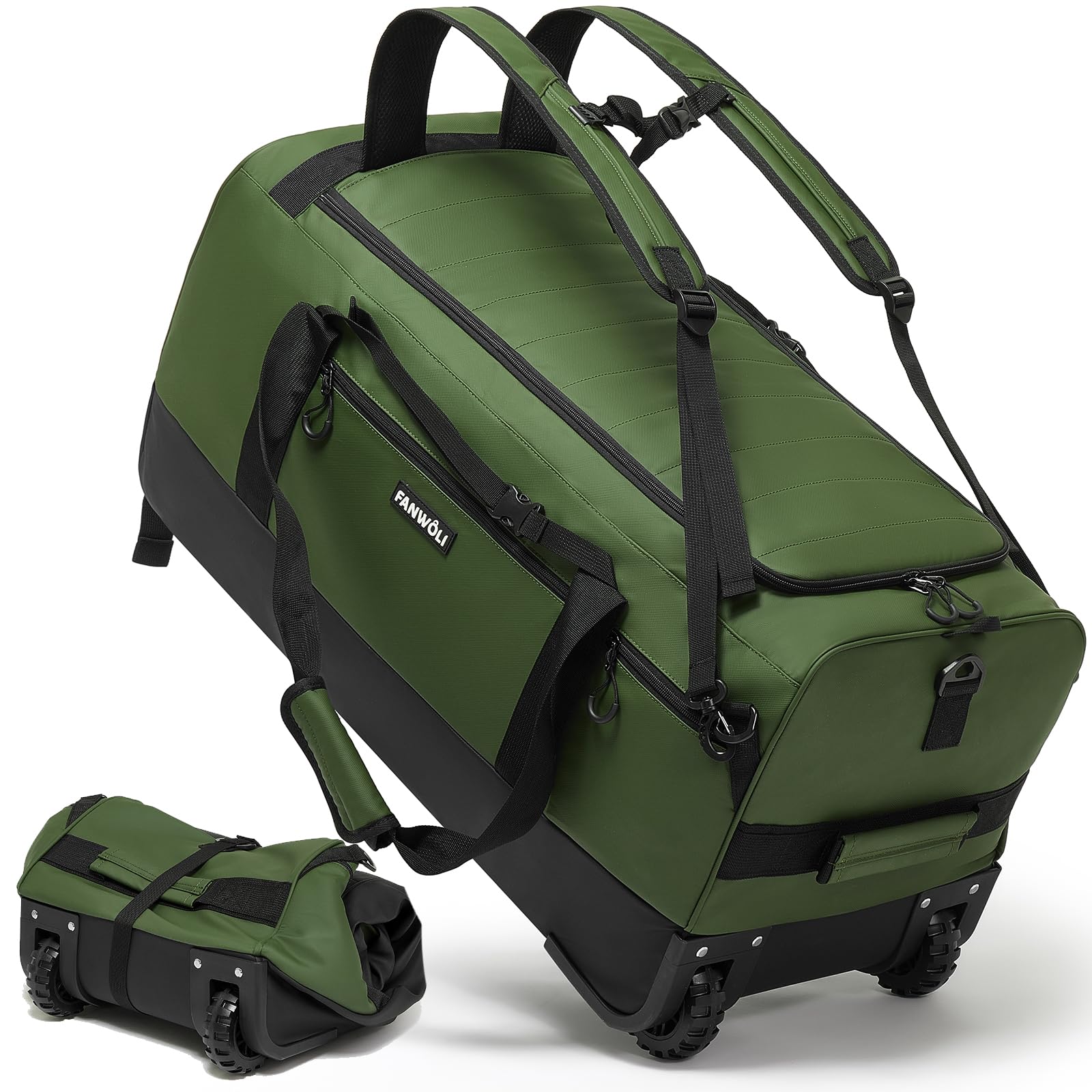 Fanwoli 30'' Large Rolling Duffel Bag with Wheels - No-Sag Design for Heavy Loads, 100L Waterproof Foldable Luggage w/Hidden Backpack Straps & Waist Support Compartment, Lightweight Travel & Gym