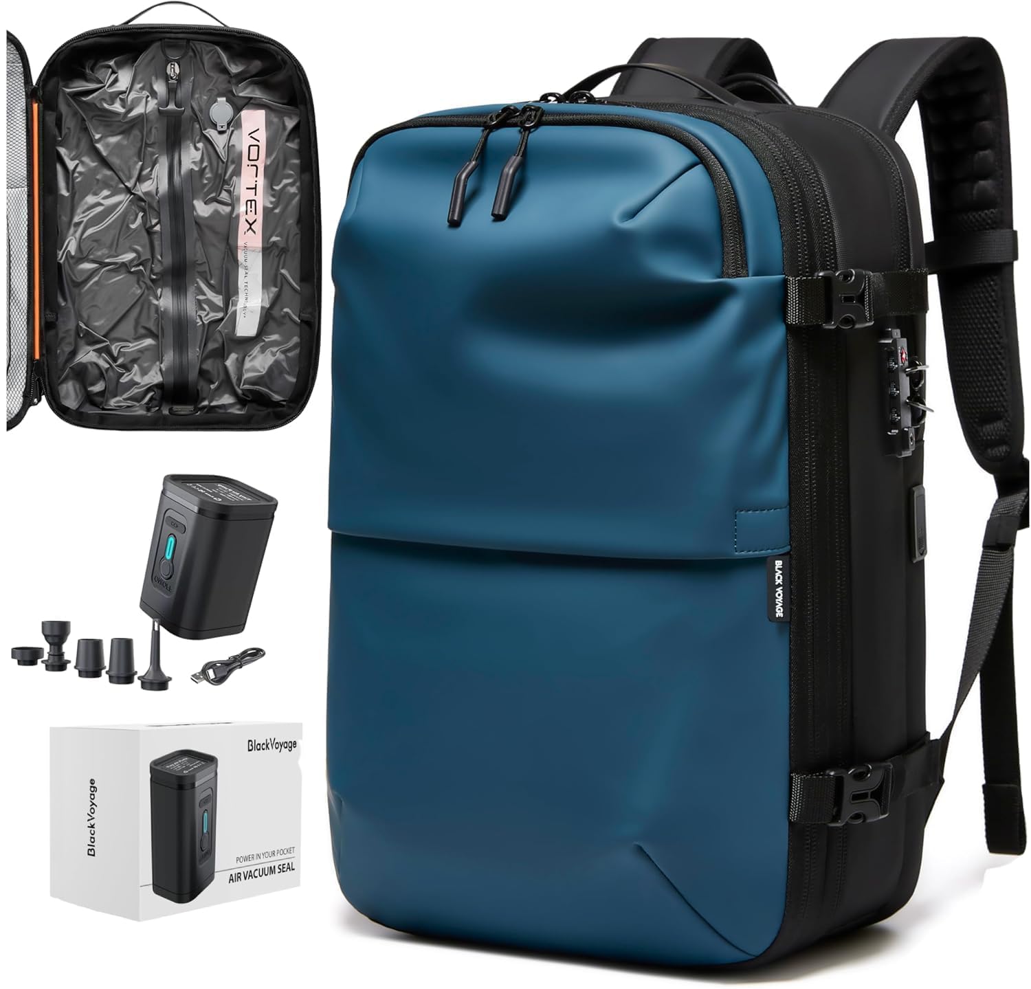 BlackVoyage Vortex Vacuum Seal Travel Backpack 60L Expandable Air Compression System Water Resistant TSA Lock Carry-On Suitcase Luggage Black Zephyr - Vacuum Pump Included