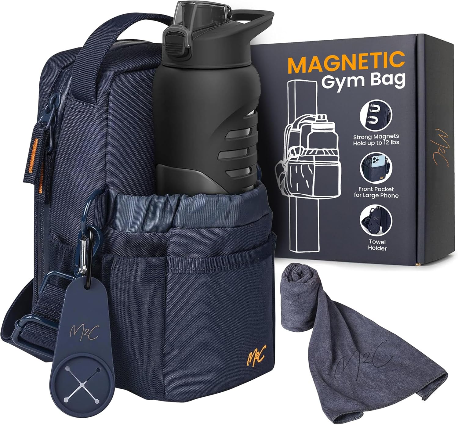 M2C® PREMIUM Magnetic Gym Bag – Holds Up to 12 lbs – Gym Pouch with Water Bottle, Cup & Wallet Pocket, Phone Storage, Key Clip, Adjustable Sling Strap – Ideal for Sports, Work & Travel