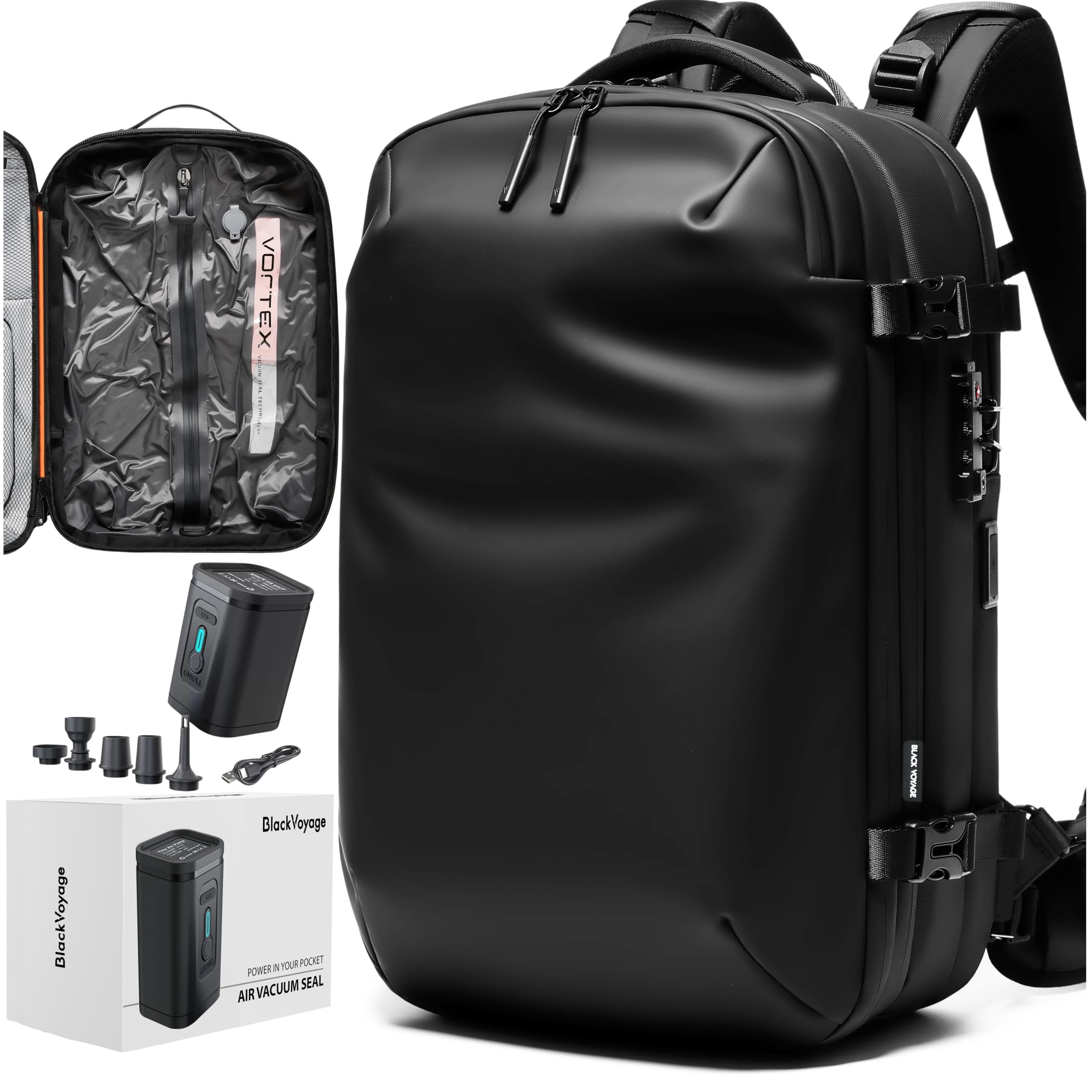 BlackVoyage Vortex Vacuum Seal Travel Backpack 60L Expandable Air Compression System Water Resistant TSA Lock Carry-On Suitcase Luggage Black AERO - Vacuum Pump Included