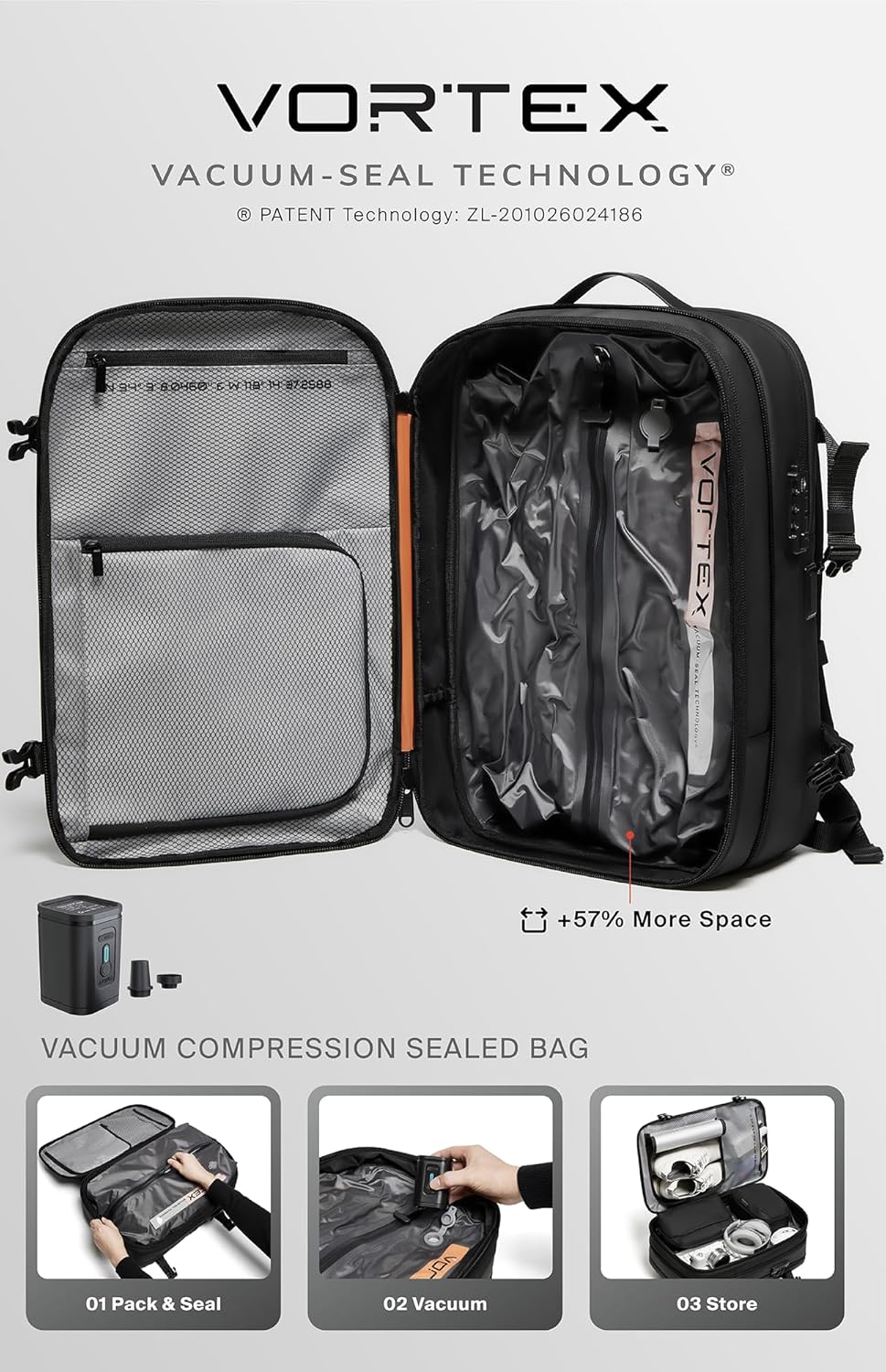 BlackVoyage Vortex Vacuum Seal Travel Backpack 60L Expandable Air Compression System Water Resistant TSA Lock Carry-On Suitcase Luggage Black Zephyr - Vacuum Pump Included