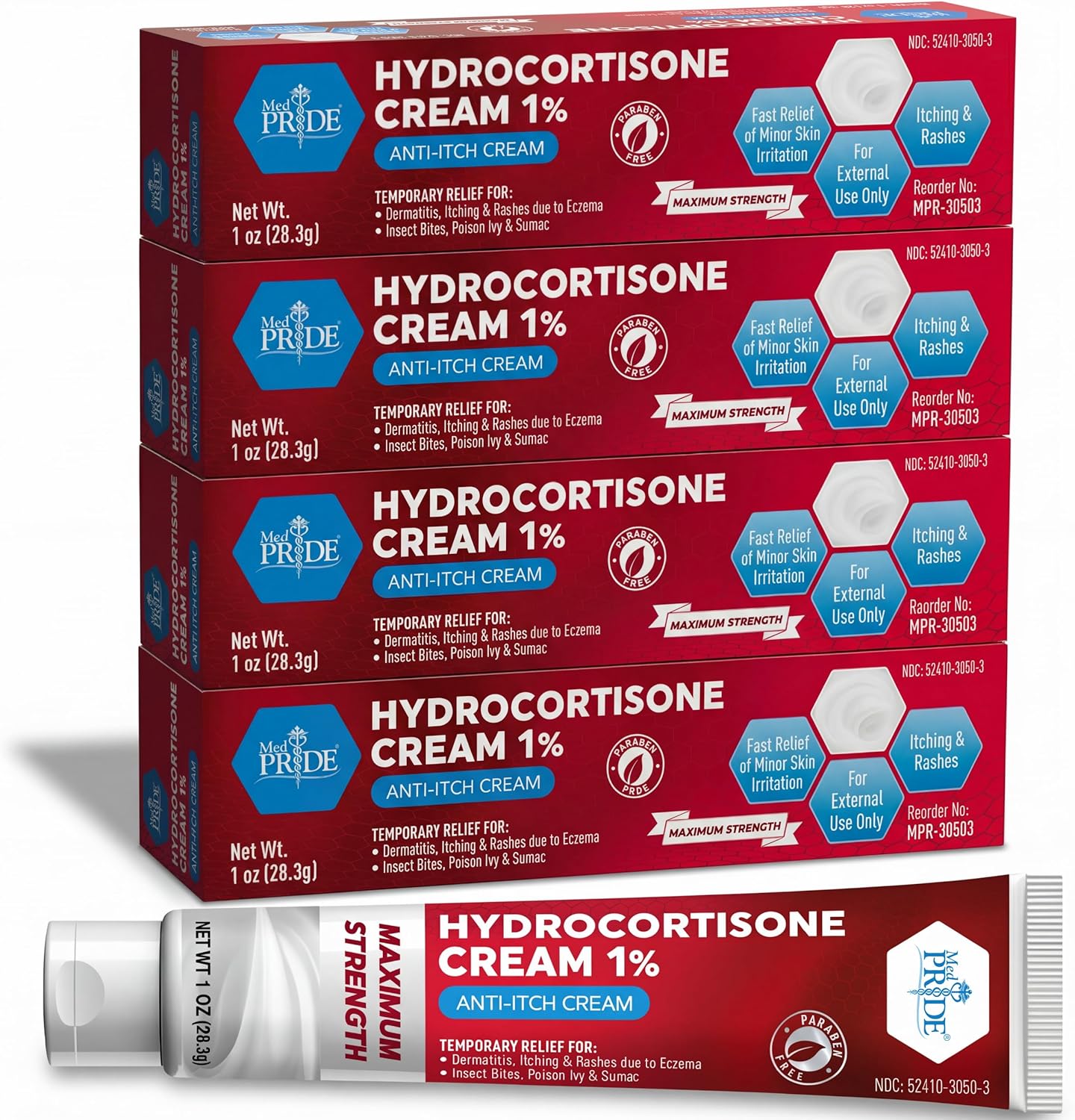 MED Pride Hydro Cortisone (Hydrocortisone) Cream 1% OTC Bulk Pack of 4 X 1 Oz Anti-Itch Ointment for Rash, Eczema, Bug Bites