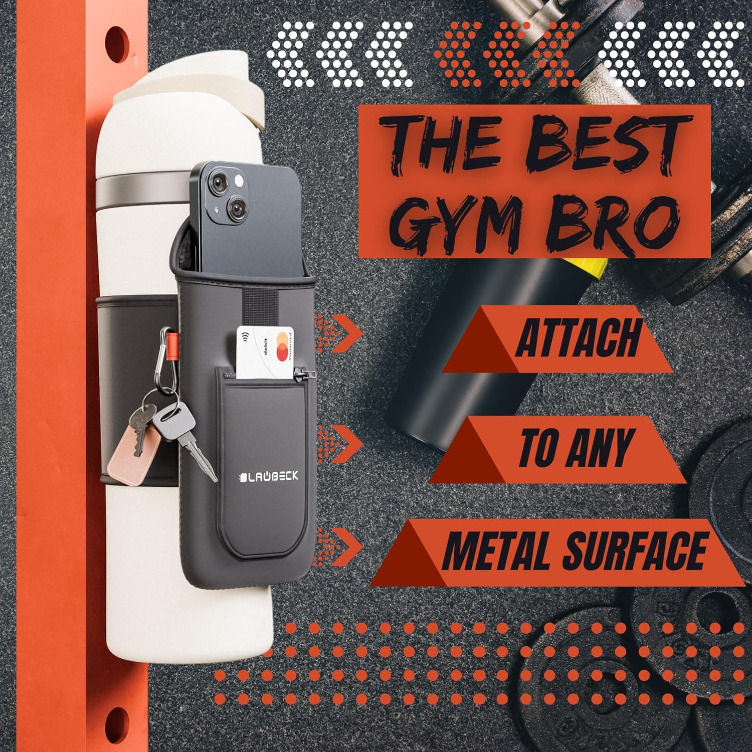 Magnetic Water Bottle Sleeve Bag and Large Pocket Phone Holder for Gym - Black Pouch with 4 Magnets - Attach it to Any Gym Equipment & Golf Carts - Magnetic Bag Mount for Phones - Gym Essentials